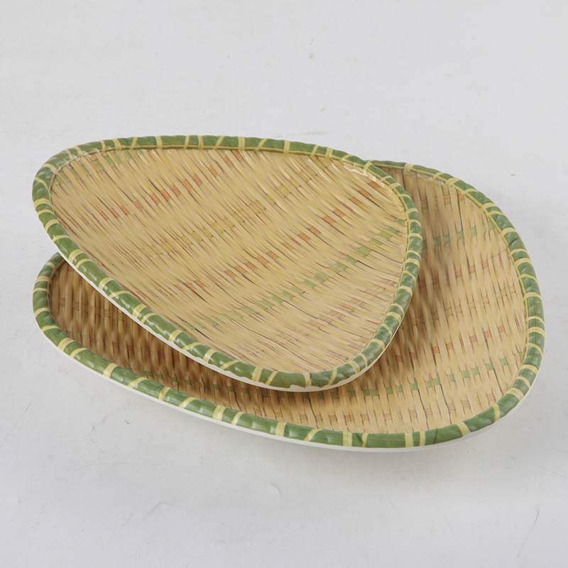 Creative imitation porcelain dinner plates, Chinese round spring and autumn bamboo and rattan strip round irregular dish plates, wholesale for restaurants, hotels details Picture