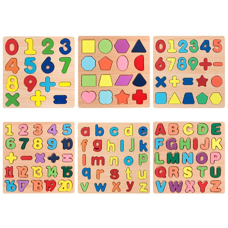 Wooden digital letter shape recognition matching puzzle board, educational early childhood toys, digital building blocks