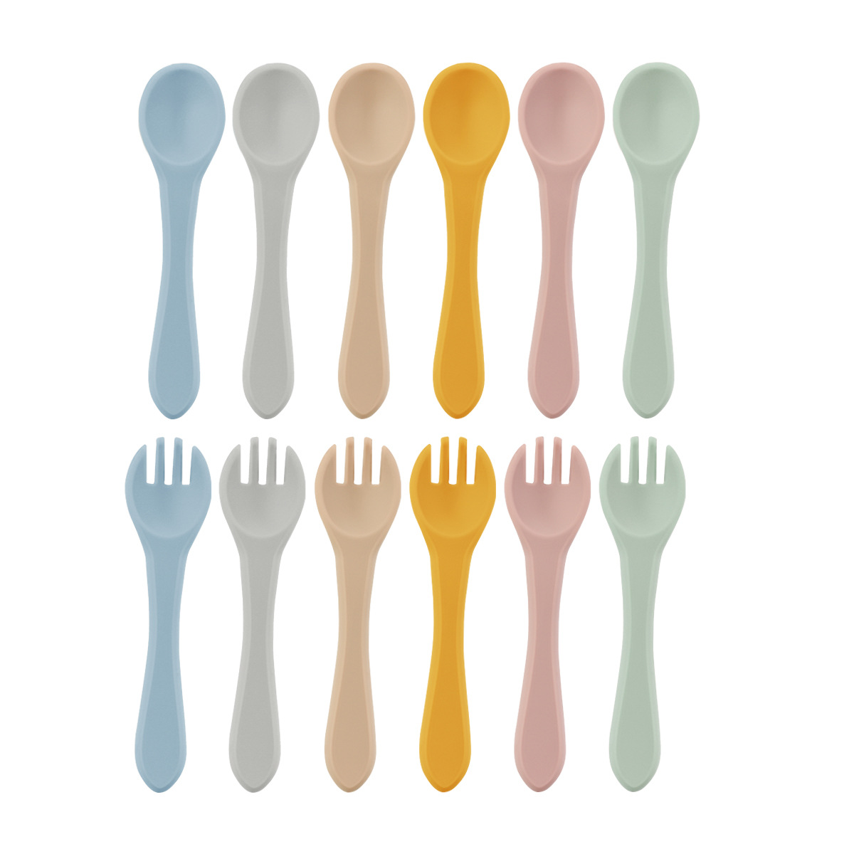 Silicone forks and spoons for children's food learning training, feeding spoons, shock-resistant and heat-insulating short-handled baby feeding and complementary food forks and spoons tableware full figure