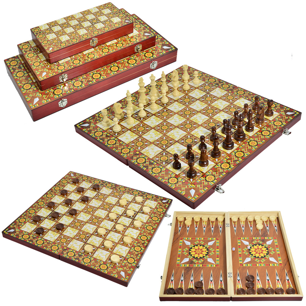 Wholesale and export of high-end, portable and foldable international chess casual entertainment chessboard with a three-in-one pattern and wood design