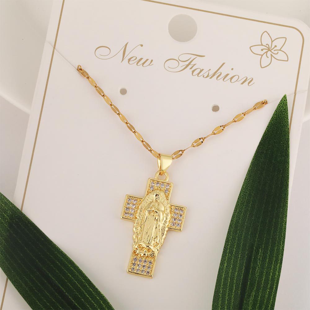 European and American copper micro-inlaid zircon, European and American full diamond Virgin Mary cross pendant necklace, with a light luxury and niche design sense full figure