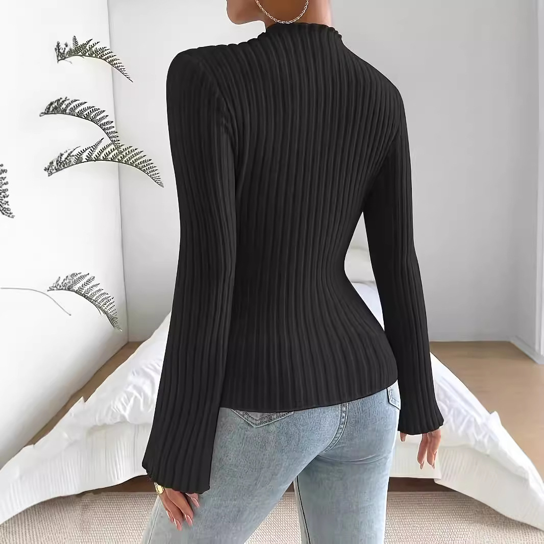 Ribbed high-neck T-shirt, elegant long-sleeved top for spring and autumn Application Scenario