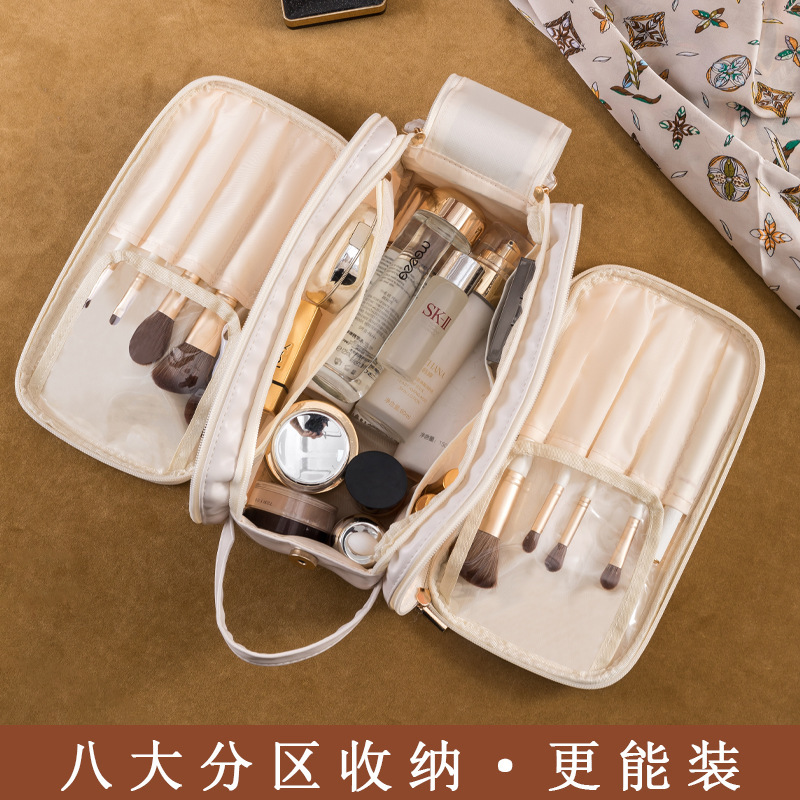 Large-capacity, high-appearure-level cosmetic bag, portable travel storage bag for women, double zipper, light luxury and high-end feel, PU waterproof washbasin Application Scenario