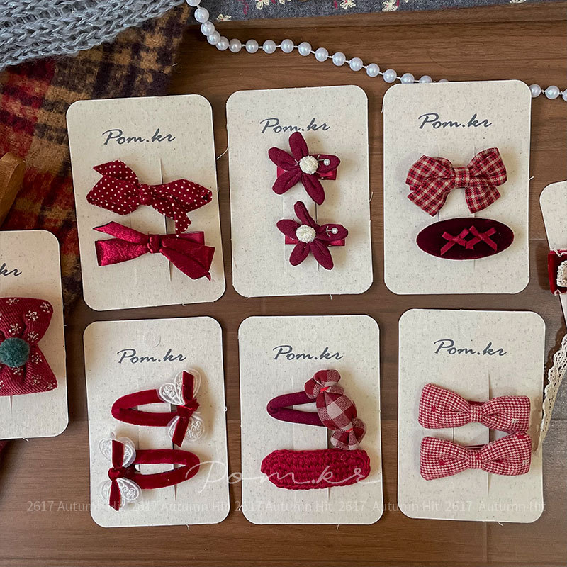 New Korean-style red bow hair clips, children's fabric handcrafted side fringed bangs clips, sweet edge clips for girls, Pom.kr wine red bow hair clips, check polka dot multiple styles, sweet daily life for girls in autumn and winter details Picture