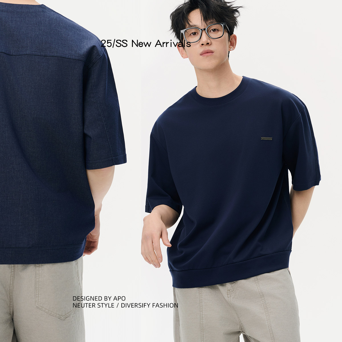 APO men's Wear: Summer short-sleeved men's T-shirt trendy brand, patchwork denim loose casual round-neck inner top and base layer Application Scenario