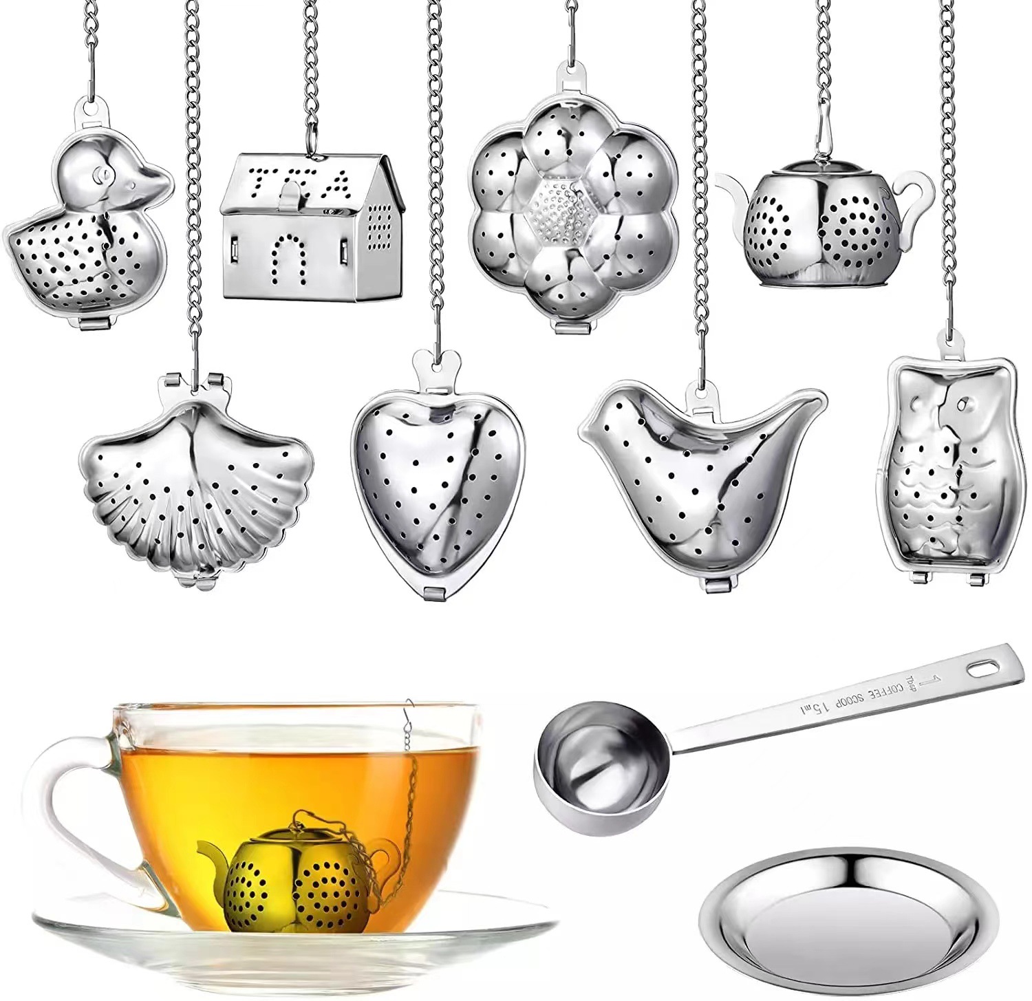 Customized stainless steel chain tea strainer, owl-shaped small teapot, bird-duck-shaped shell-shaped tea filter, creative tea brewing device Specification image