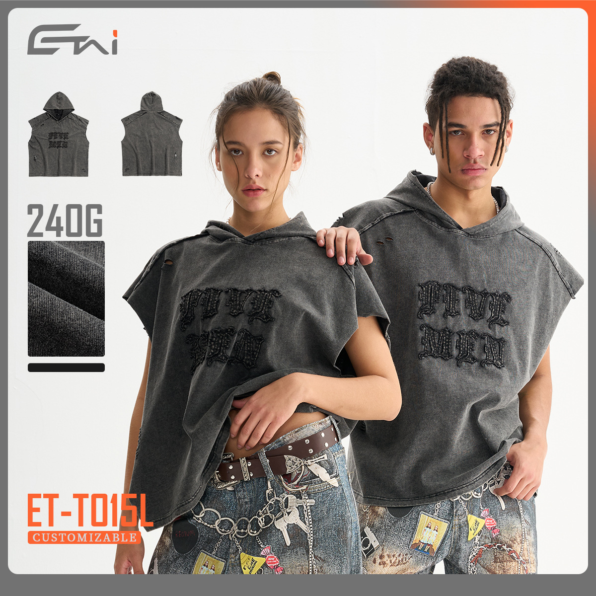 ETAI men's Wear: High-quality American retro hooded sleeveless vest men's fashion brand Boxyfit patchwork worn T-shirt