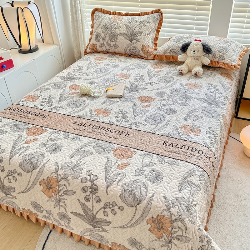 新款牛奶绒夹棉花边床盖单件冬季珊瑚绒防滑绗缝榻榻米床单三件套