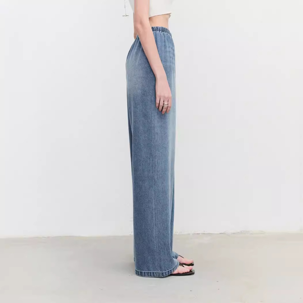 【UpperClass系列】丹宁风百搭牛仔蓝长裤女天丝松紧腰阔腿牛仔裤细节图