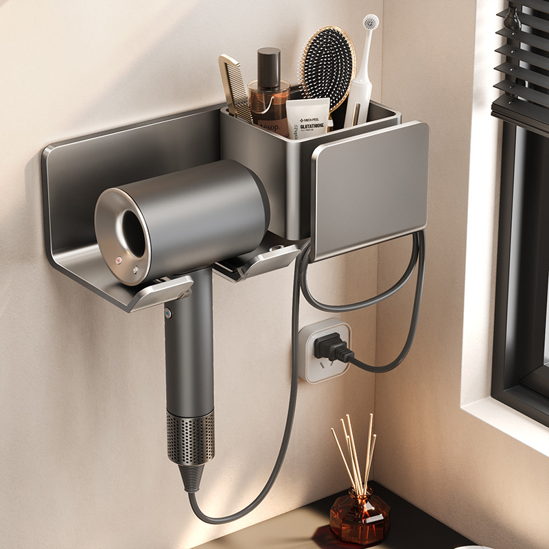 枪灰色吹风机置物架收纳绕线免打孔卫生间电吹风挂架浴室收纳架子