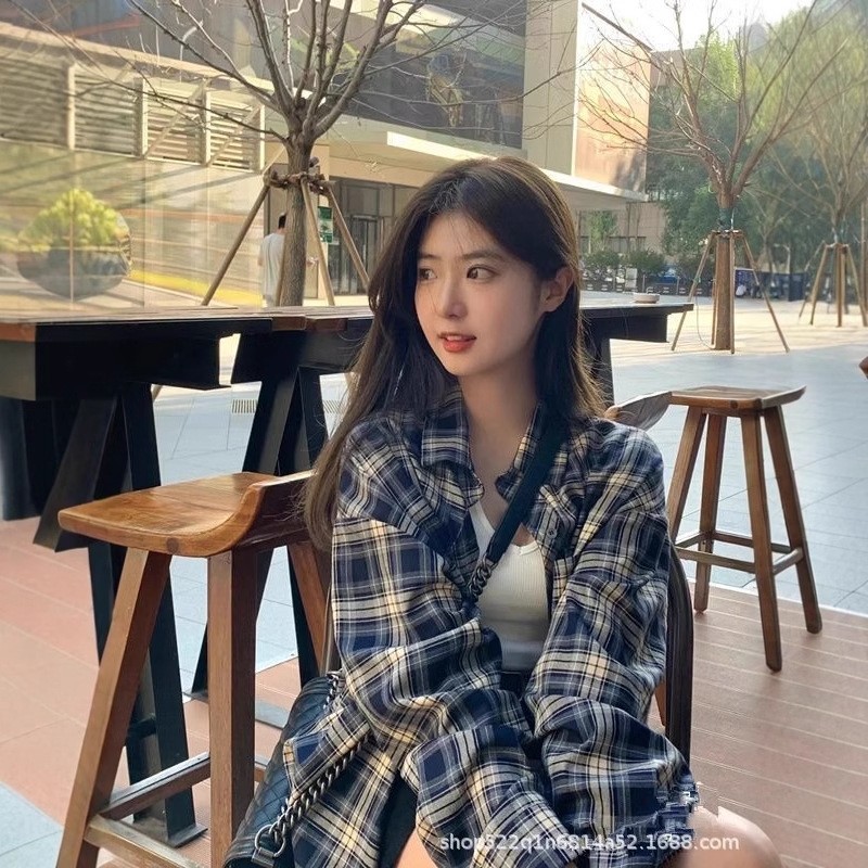 格子衬衫女春秋季薄款宽松慵懒风复古秋装长袖衬衣小外套上衣批发