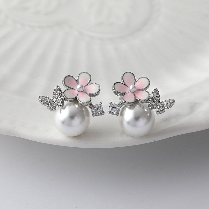 韩版清新简约耳钉女纯银时尚蝴蝶款珍珠微镶耳饰通勤耳环珍珠耳钉