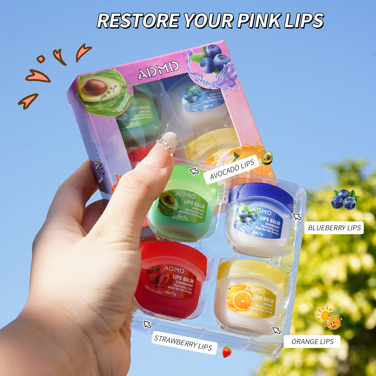 【 Cross-border Exclusive 】ADMD Lip Mask 4-piece Set Box Moisturizing, Hydrating and Exfoliating Fruit-flavored Lip Mask wholesale