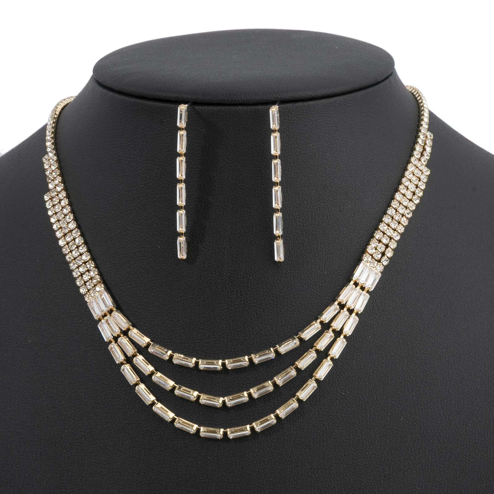 Factory supply: Cross-border multi-layer layered zirconia necklace + earrings two-piece set, full diamonds, shiny and fashionable, versatile jewelry chain for parties and banquets details Picture