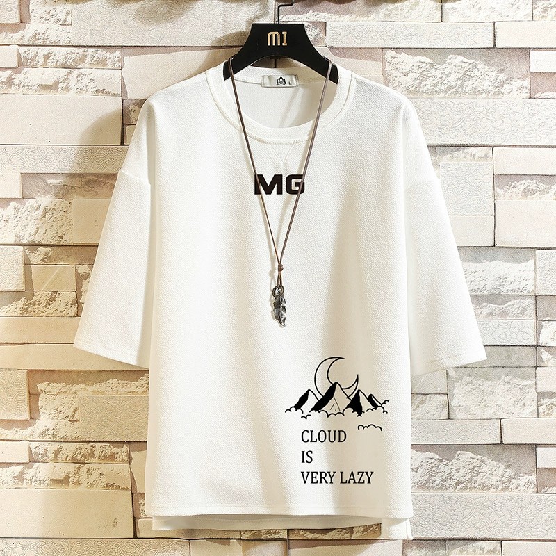 Simple three-quarter sleeve T-shirt for men, summer fashion brand, large-sized T-shirt, high school student and overweight casual short-sleeved top