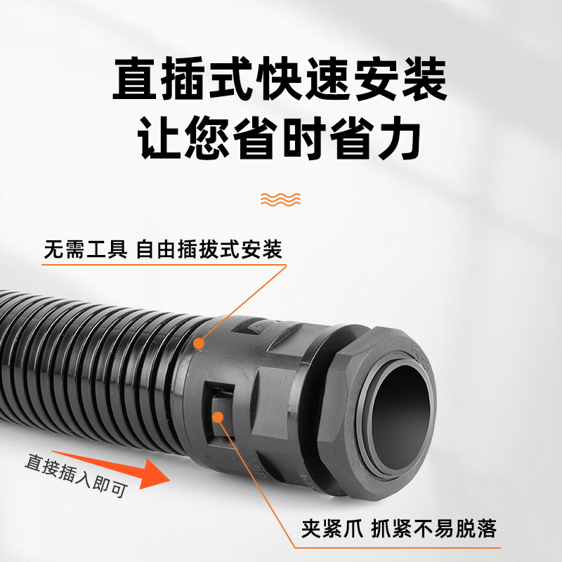 Plastic corrugated pipe joint quick straight insertion joint M/PG/G threaded threading flexible hose PA66 nylon straight connection joint Application Scenario