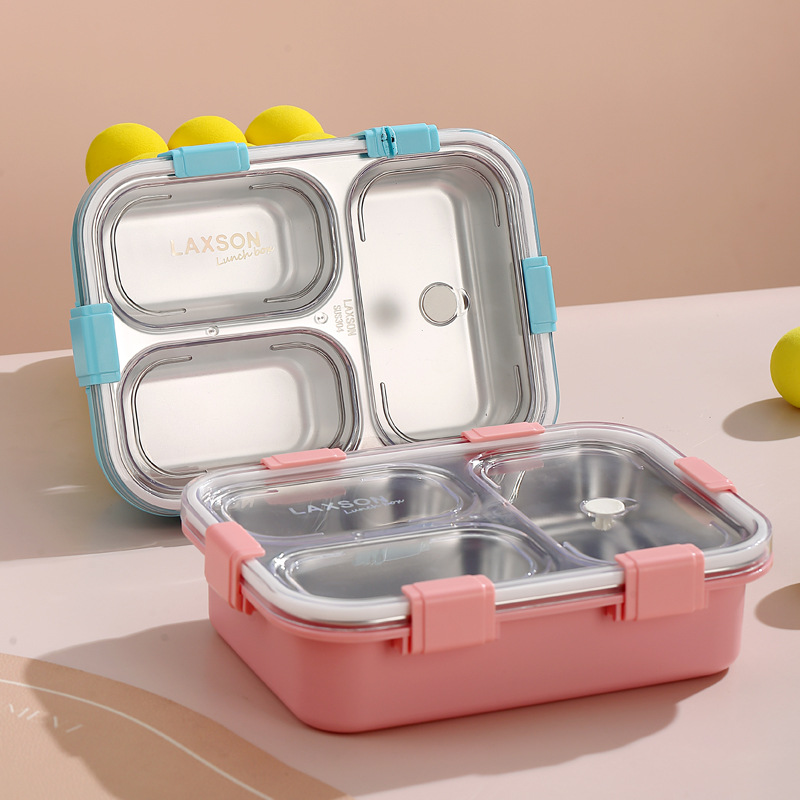 Simple packaging three-compartment stainless steel Japanese-style lunch box without color box, compartments PP fork and spoon office lunch box