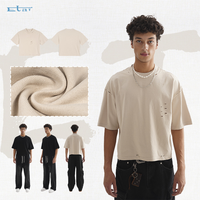 ETAI Men's Wear: American street trend retro polished solid color men's T-shirt, high-quality and heavyweight 100% cotton short wide short-sleeved details Picture