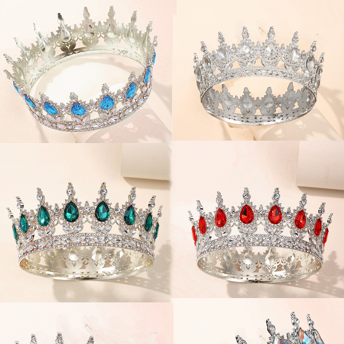 European and American cross-border bride round crown headwear, Baroque colorful crystal hair accessory, noble and elegant queen's full circle crown
