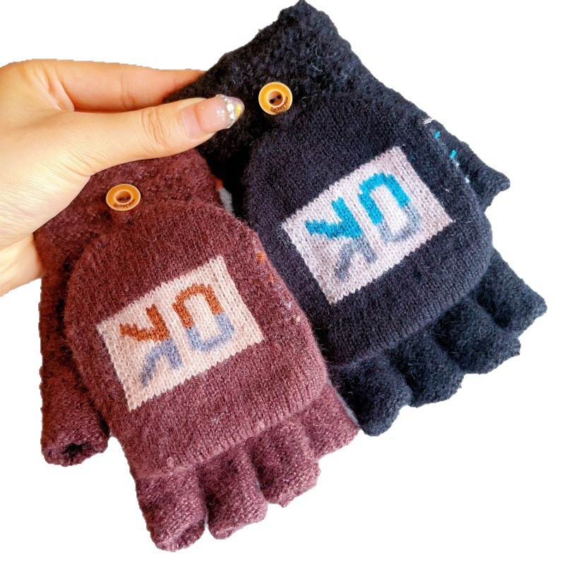 New Korean-style winter gloves, warm, cold-proof and frost-proof men's simple outdoor cycling half-finger flip cover writing gloves Item Picture