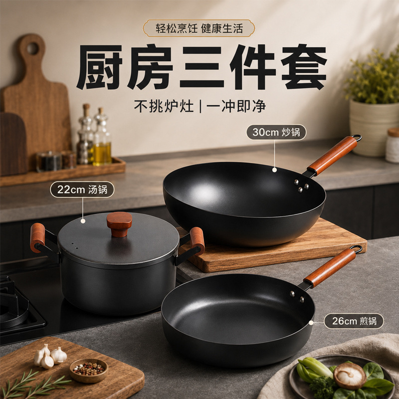 King prestige sartén antiadherente set de 3 piezas wok doméstico sartén sartén de 3 piezas sartén de hierro antiadherente sartén de regalo