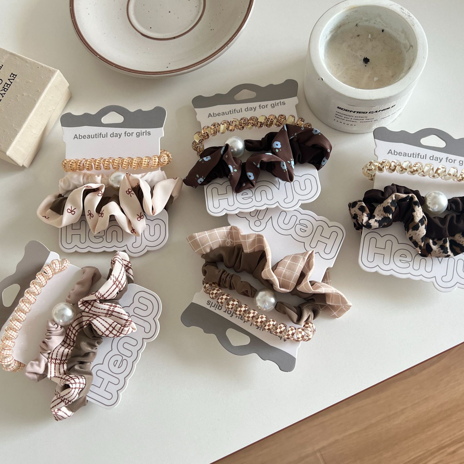 韩版简约豹纹花边小肠发圈复古气质珍珠发绳百搭马尾头绳高弹皮筋