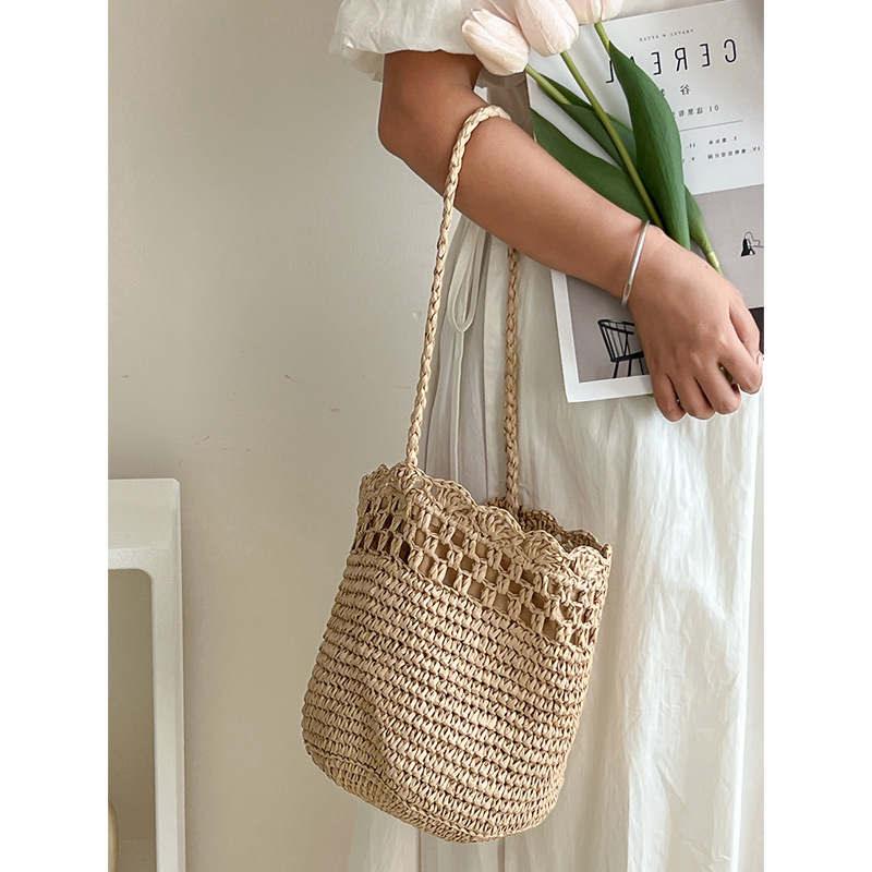 Cross-Border Straw Weaving Bag, French Lafite Straw Single-Shoulder Straw Weaving Bag, New Hollowed-Out Lace Straw Weaving Bag, Vacation Beach Bag, Versatile Women's Bag, Handcrafted Straw Weaving Bag details Picture