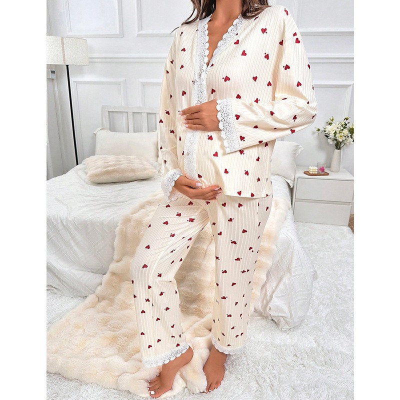 European and American style heart-shaped printed long-sleeved shirts, long pants, maternity wear, pajamas, women's sets, new spring and summer loose and comfortable home wear Application Scenario