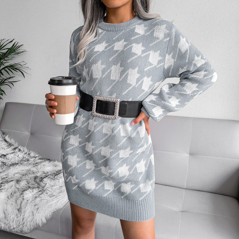 Ins-style real photos of autumn and winter European and American casual lantern-sleeved and checkered knitted sweater dresses, independent station cross-border women's clothing Item Picture