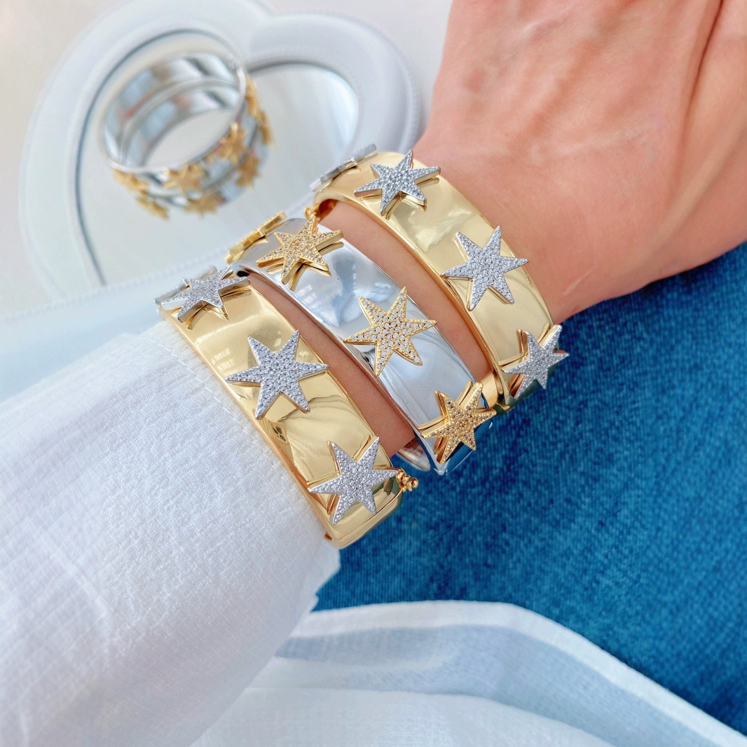 Wholesale of cross-border copper zircon hollow hexagonal star heart-shaped bracelets from Amazon in Europe and America with adjustable openings details Picture