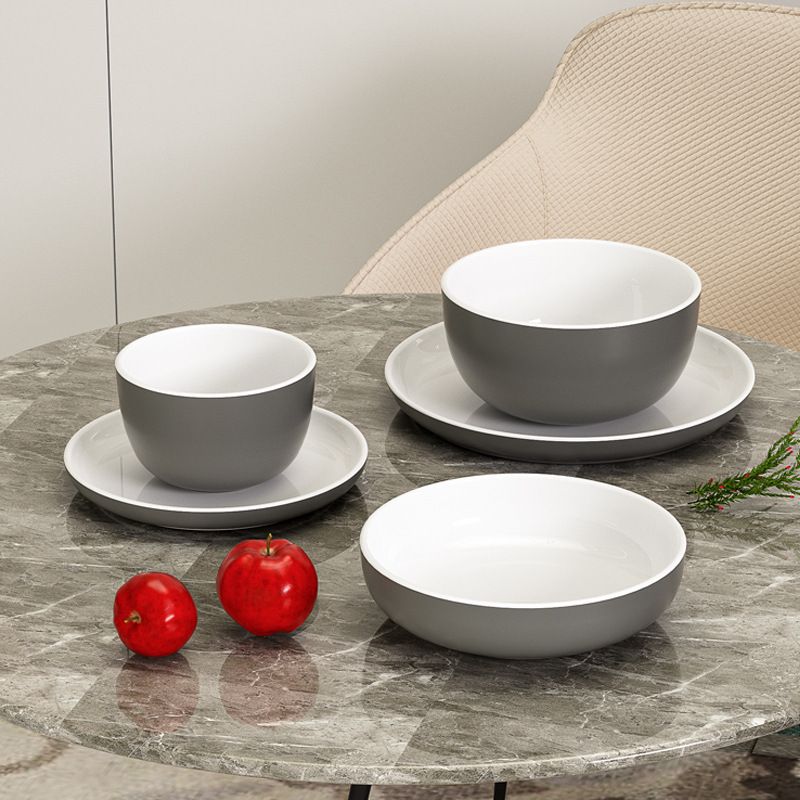 Customized two-color melamine tableware set, dinner plates, saucers, small plates, rice bowls, noodle bowls, soup bowls, fast food Application Scenario
