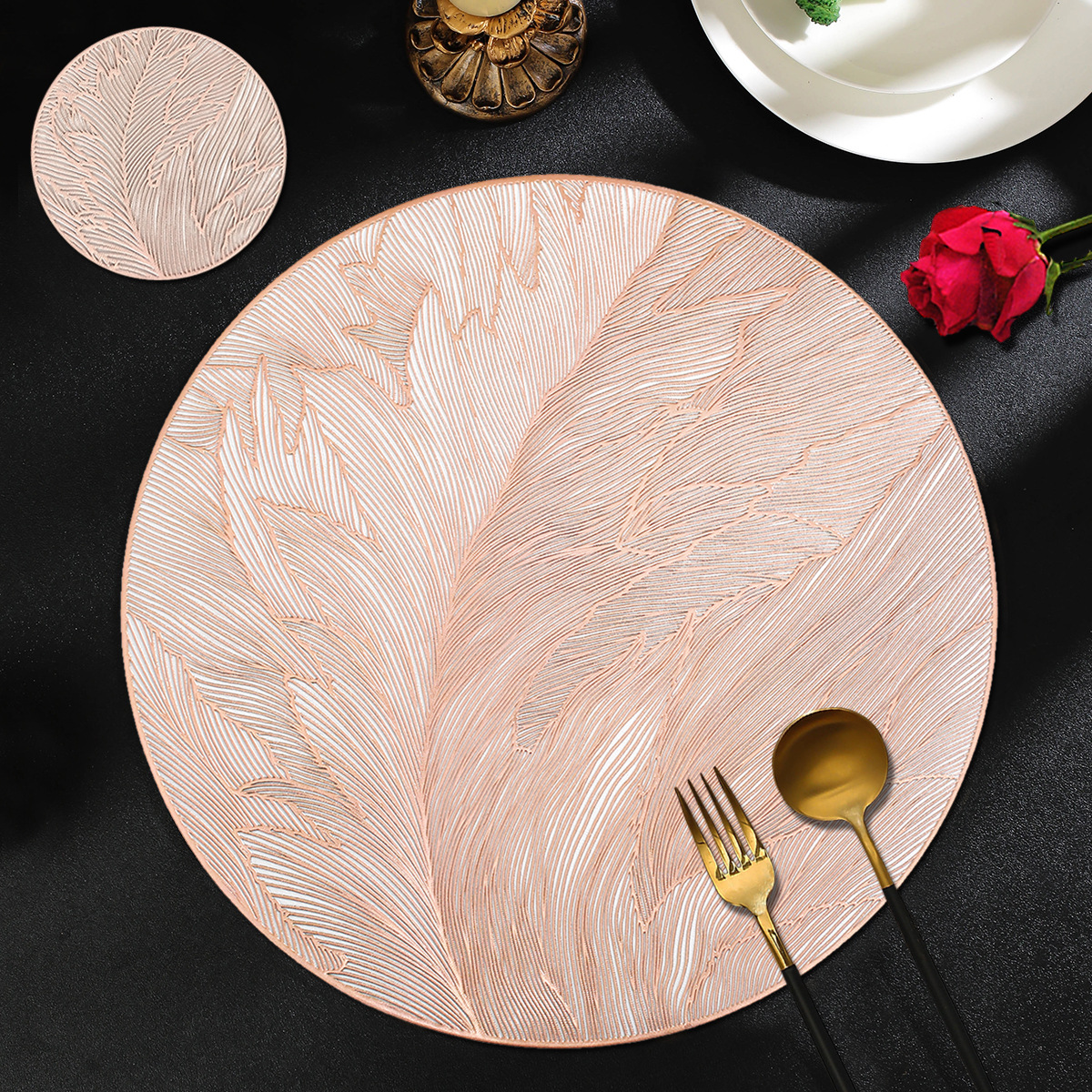 跨境热销羽毛餐垫防水防油PVC烫金花瓶垫高级感轻奢可水洗隔热垫产品图