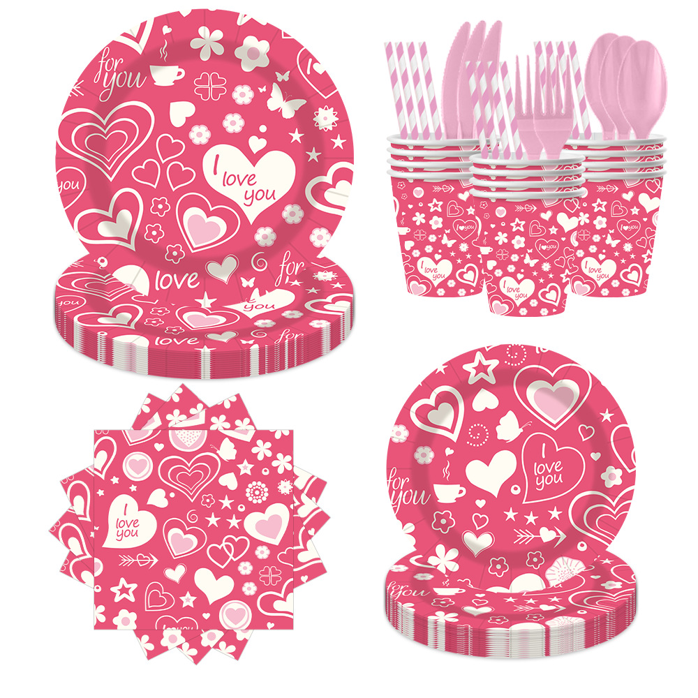 跨境新款爱心情人节主题派对用品一次性纸盘纸巾聚会装饰餐具套装