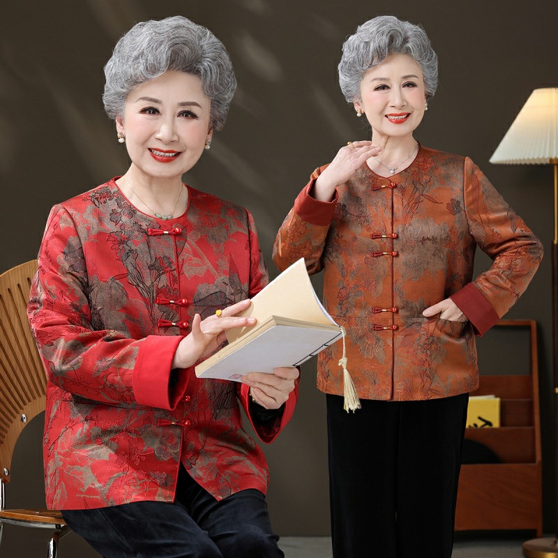 The new Chinese-style spring coat for mothers in the national trend is elegant and grand. It is a high-end and wealthy coat for middle-aged and elderly women in spring and autumn. It is a traditional Chinese jacquard top Specification image