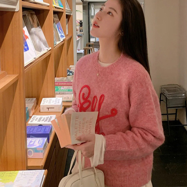 Wool blend pink letter sweater for women 2025 new autumn and winter loose, warm and laid-back knitted top Specification image