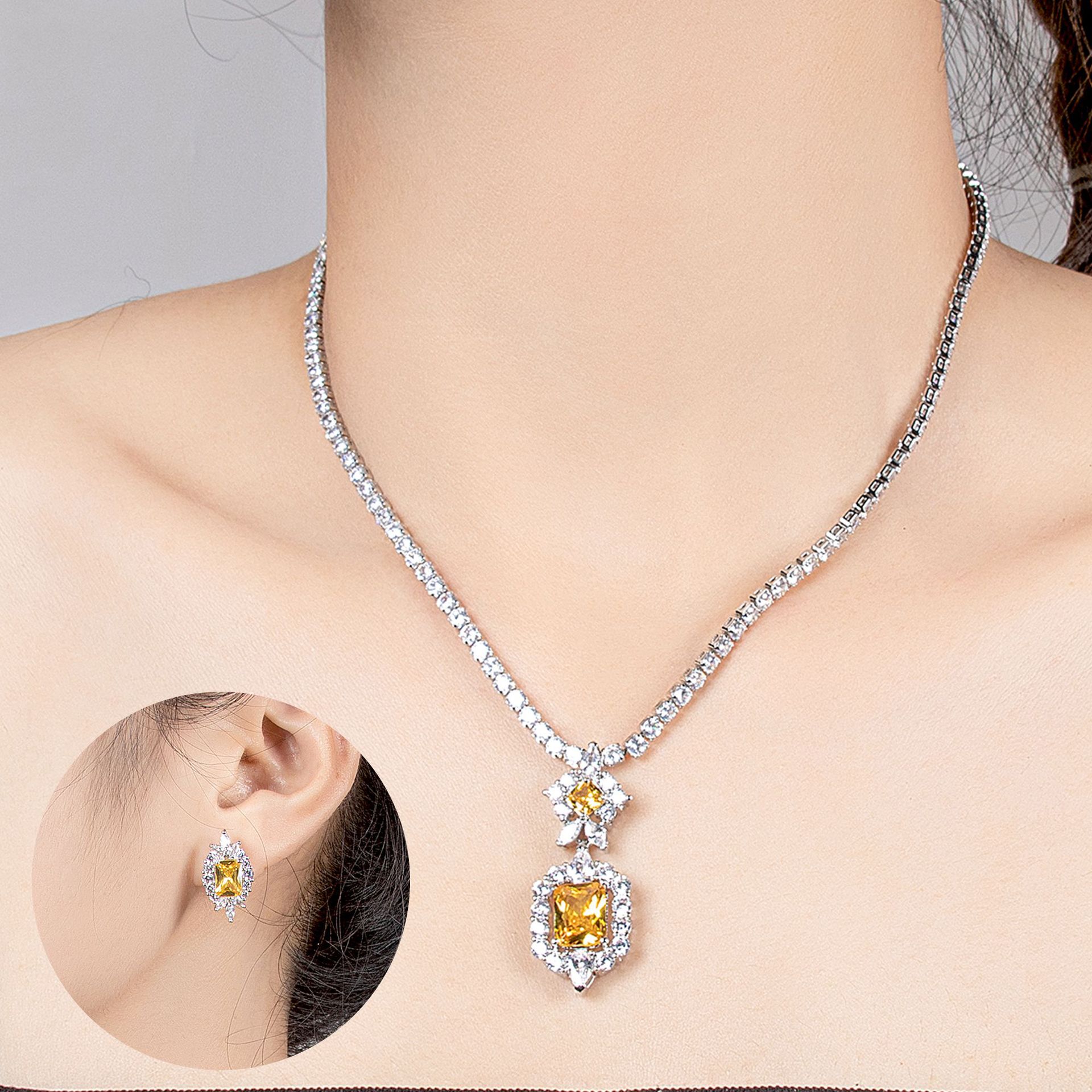 Cielo estrellado amor transfronterizo simple mujer nicho de moda champagne oro delicado novia zircon collar pendientes conjunto wholesale LYTJ29547 fengyun joyería details Picture