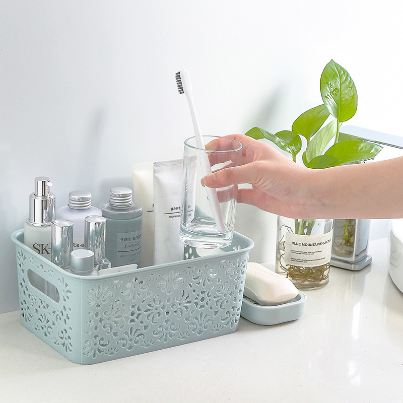 Desktop storage box, plastic cosmetics, hollowed-out drawer, office desk storage rack, desktop skin care product storage box Application Scenario