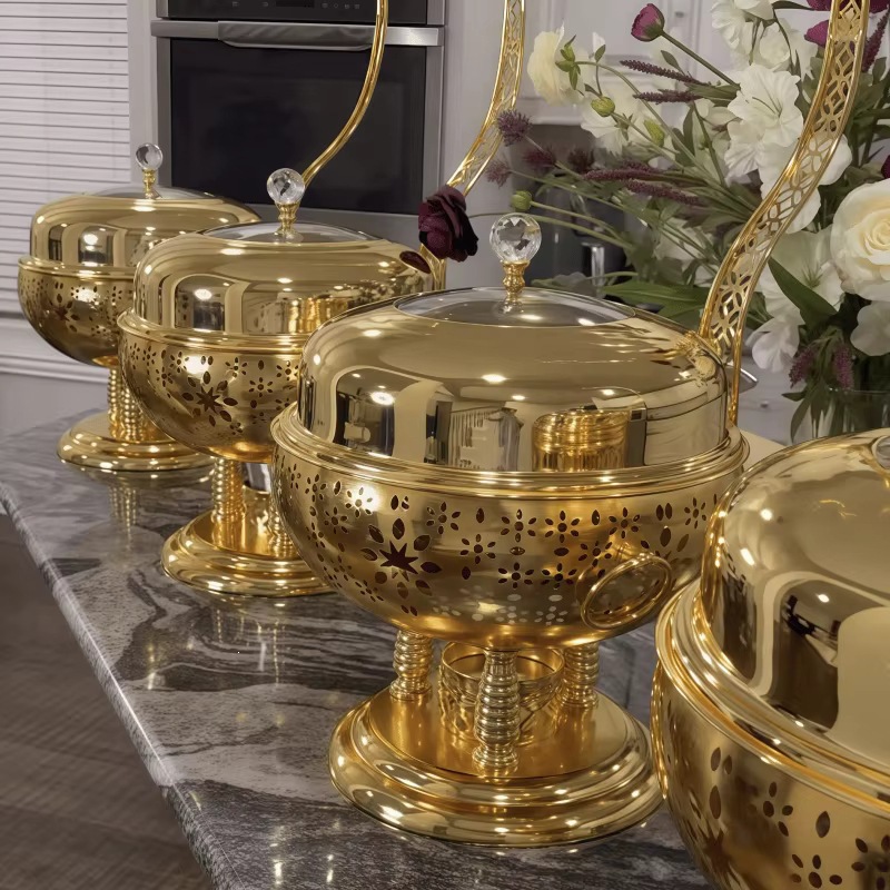 Cross-border supply stainless steel golden round buffet stove, insulated stove, restaurant food heater, alcohol stove details Picture
