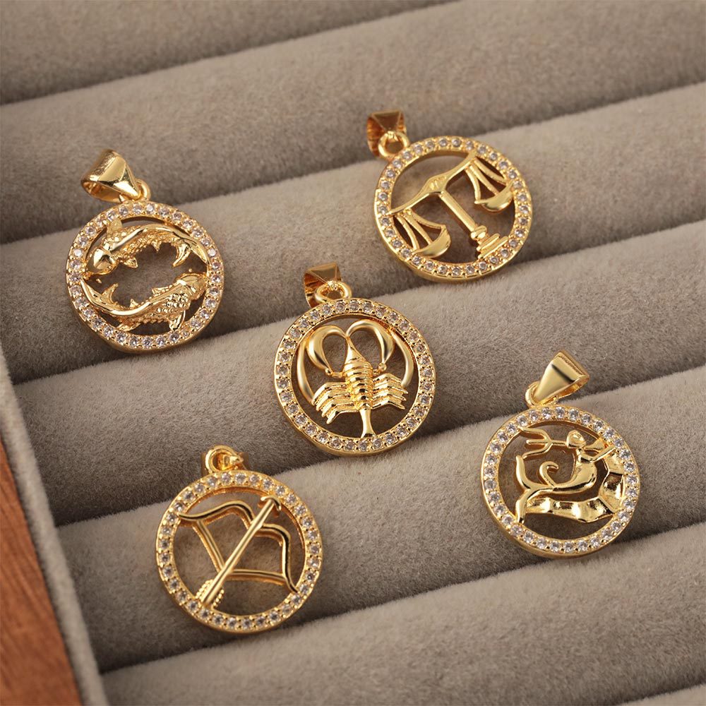 Cross-border best-selling 12 zodiac pendant, micro-inlaid zircon copper plated with 18k real gold color retention electroplating, creative retro pendant details Picture