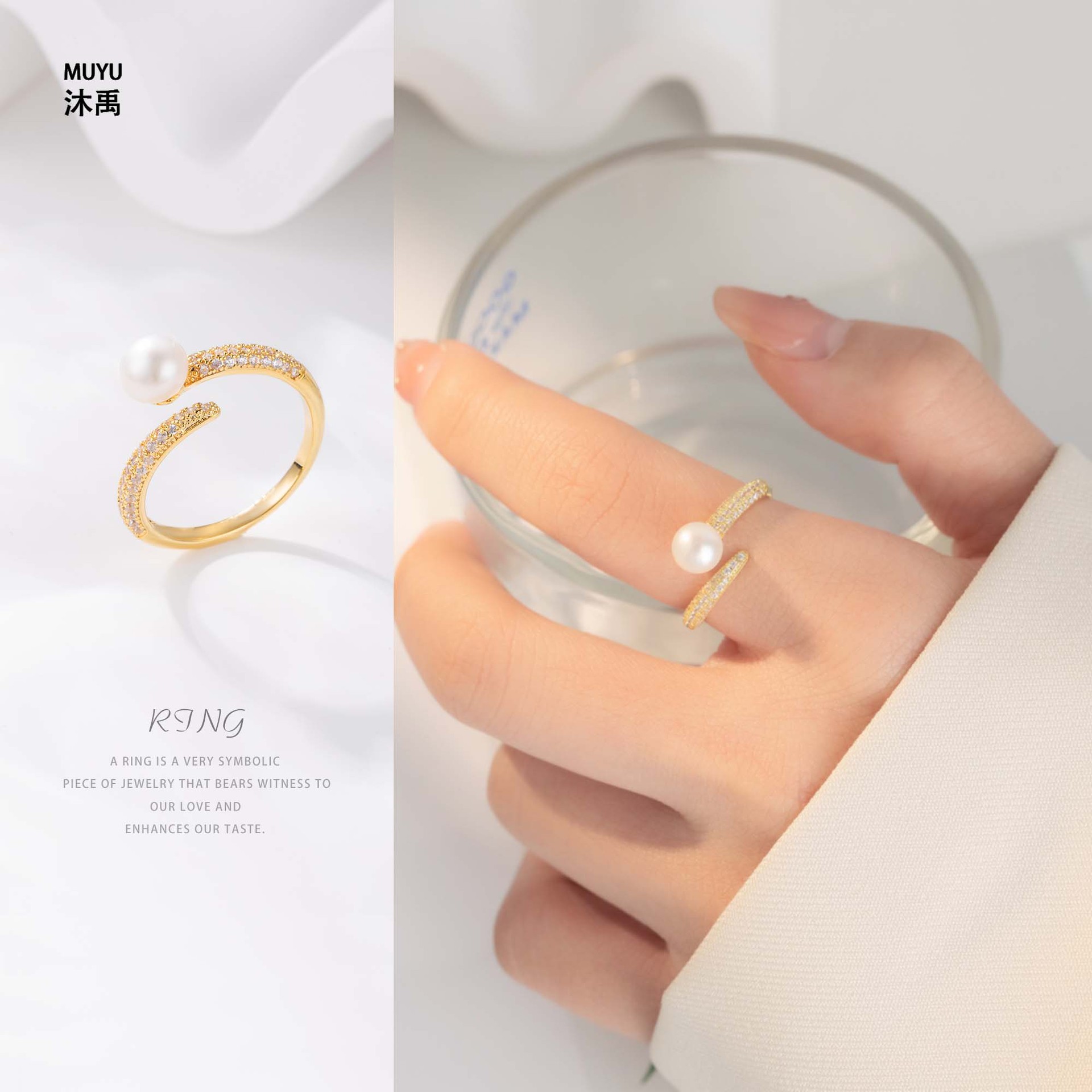 Fashionable and simple freshwater pearl open ring, copper alloy slightly inlaid zirconium light luxury adjustable index finger ring, exquisite ring details Picture