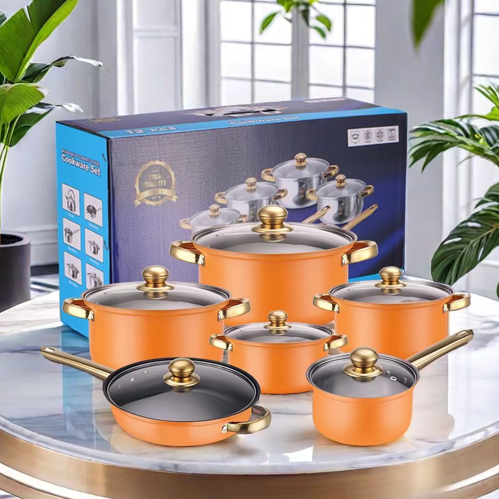 Cross-border 12-piece cookware set: Stainless steel milk pot, soup pot, frying pot combination, Gold-plated handle pot Cookware set Application Scenario