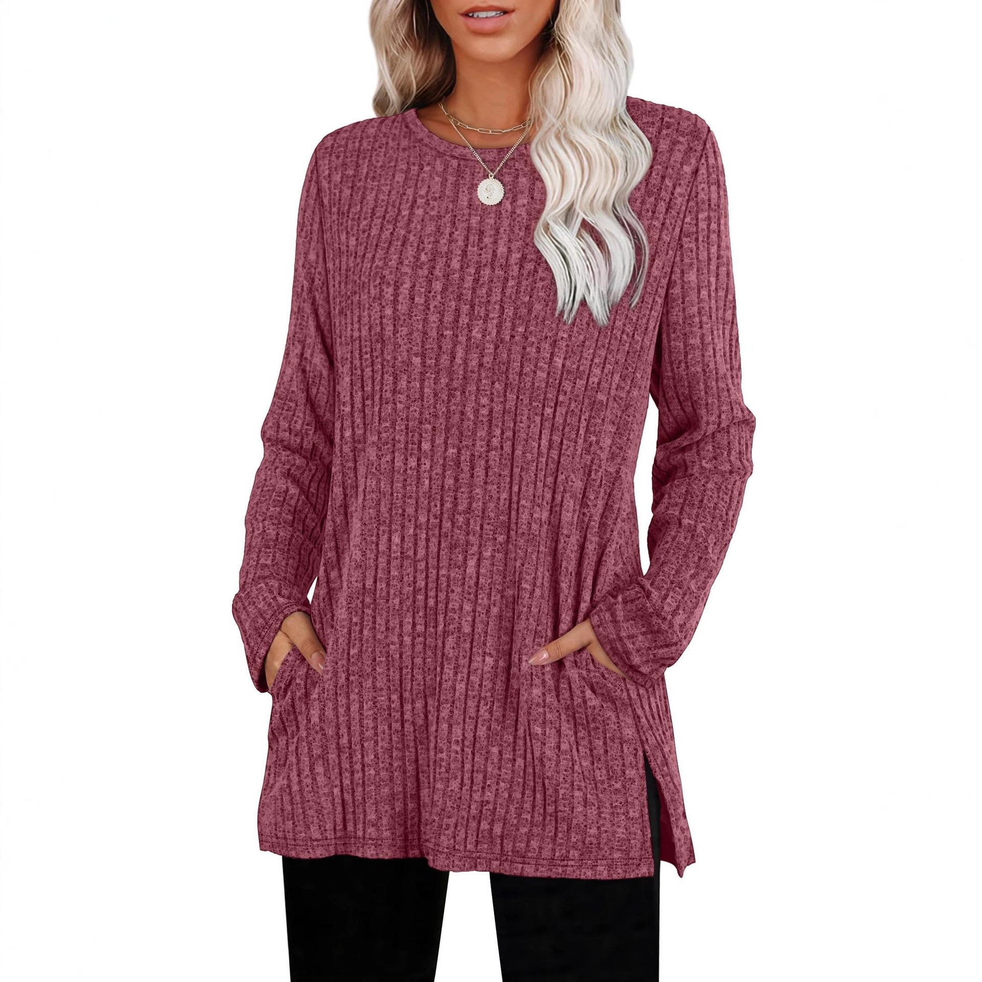 European and American women's sweaters with ripped round collars, long-sleeved shirts, pockets, autumn clothing, 2025 fashionable winter clothing with slits Specification drawing