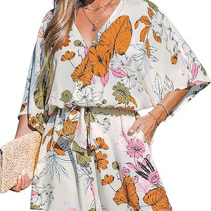 2024 Amazon Summer Women's Casual cross-border European and American new V-neck printed tie bat jumpsuit women's wear details Picture