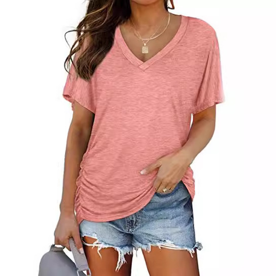 Cross-border European and American women's clothing 2025 Amazon Foreign Trade new solid-color bat-shaped sleeve side-pleated V-neck short-sleeved women's T-shirt Specification drawing