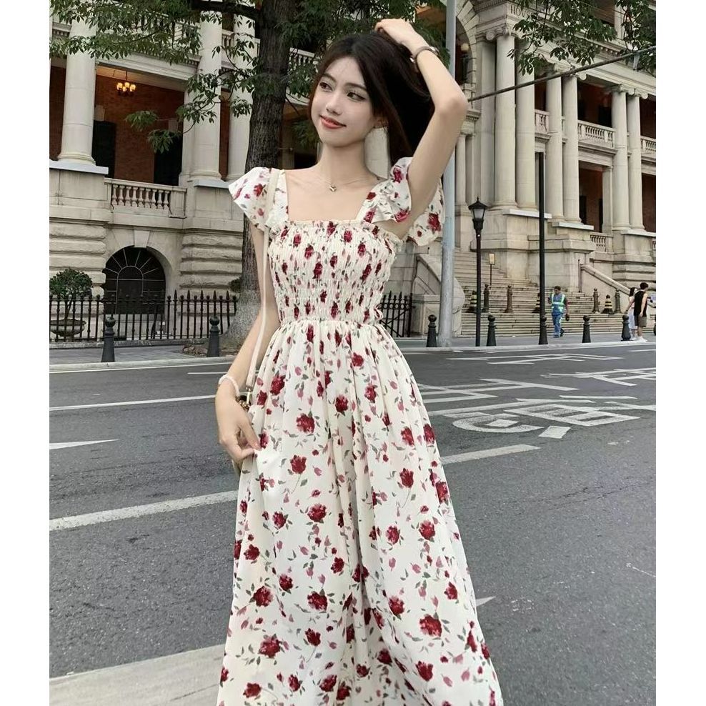 外贸跨境温柔风超仙森系连衣裙夏季新款小飞袖甜美气质碎花中长裙