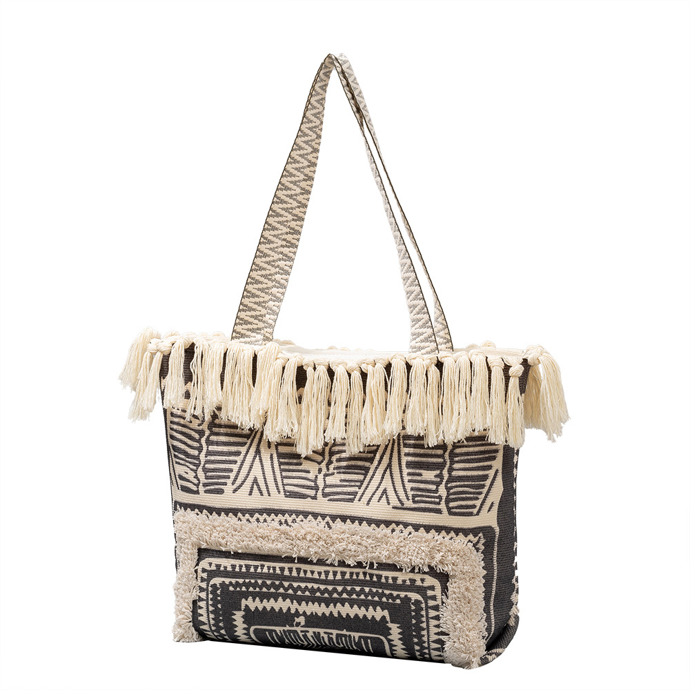 Cross-Border Canvas Bags, Fringed Beach Bags, Seaside Vacation Handbags, Large-Capacity Canvas Bags, Women's Zipper Tote Bags, Women's Canvas Bags Item Picture