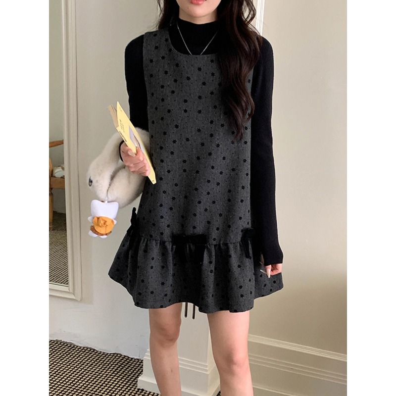 3th Morning 早秋新款 植绒印花蝴蝶结背心连衣裙叠穿ZY3143