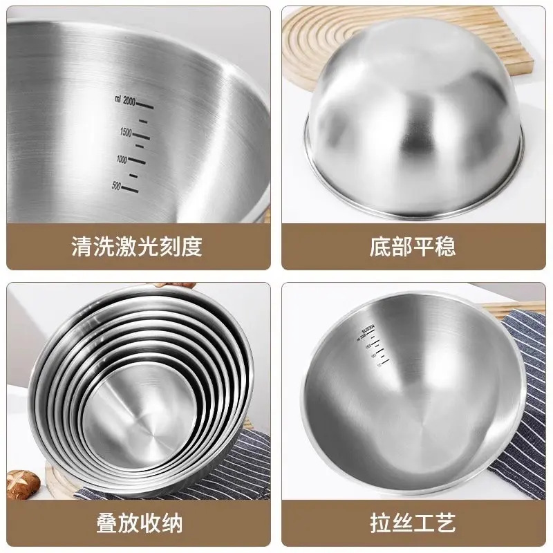 Stainless steel household vegetable washing and cooking basin, egg beater basin, deep splash-proof baking whipping cream and noodle salad mixing bowl Application Scenario