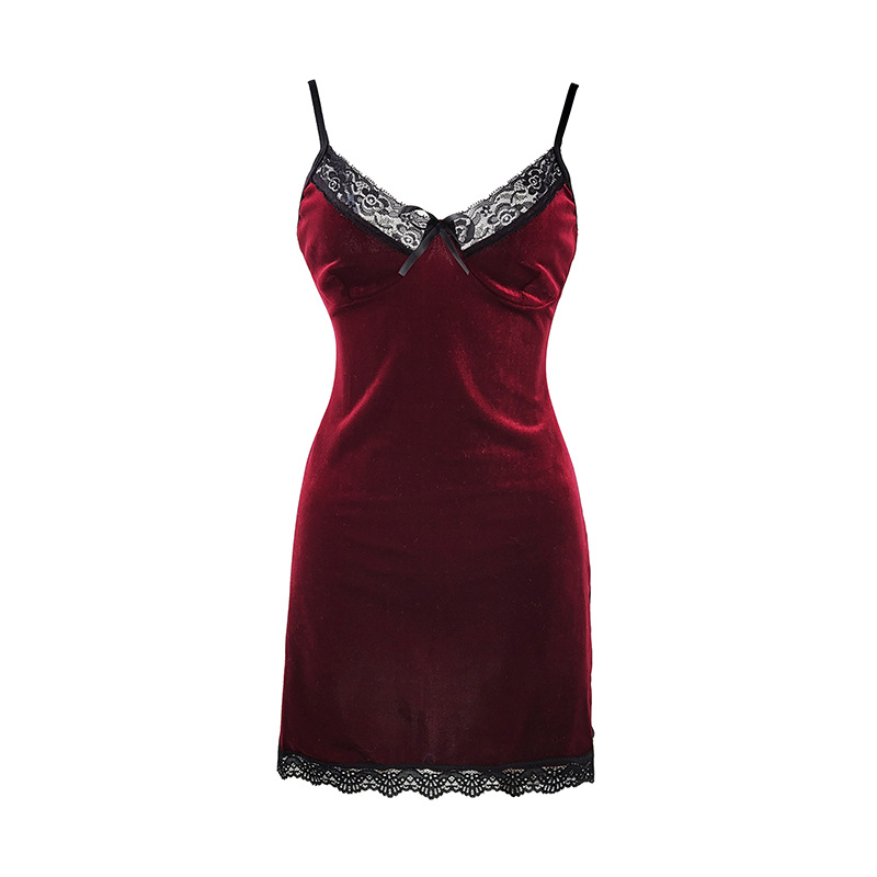 Cross-border European and American lace sexy short skirt, women's velvet pleated halter, hip-hugging nightgown dress set, pajamas 223 Application Scenario