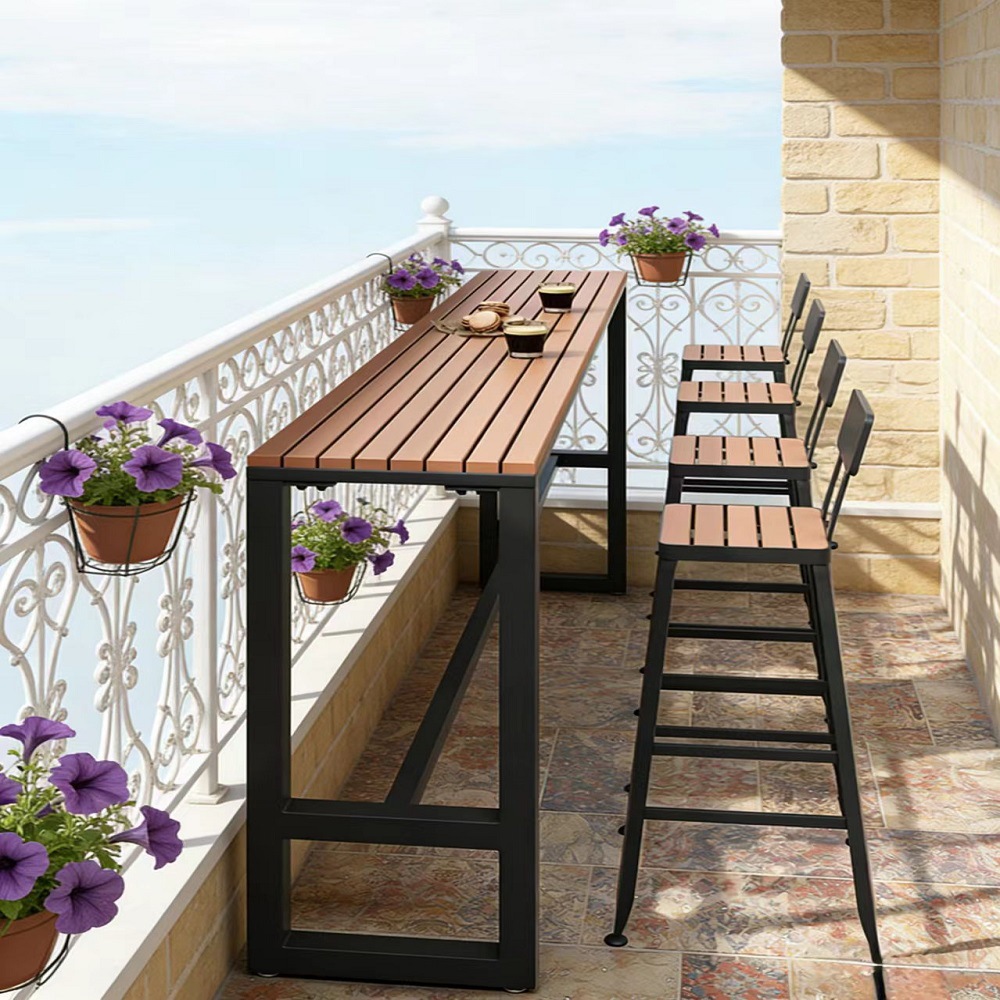 Star Terrace Bar counter table and chair set, coffee shop outdoor anti-corrosion and sun protection high leg narrow table, outdoor balcony wall long table details Picture